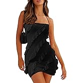 oten Women's Sexy Halter Backless Spaghetti Strap Sheath Bodycon Ruffle Cocktail Club Party Mini Dresses
