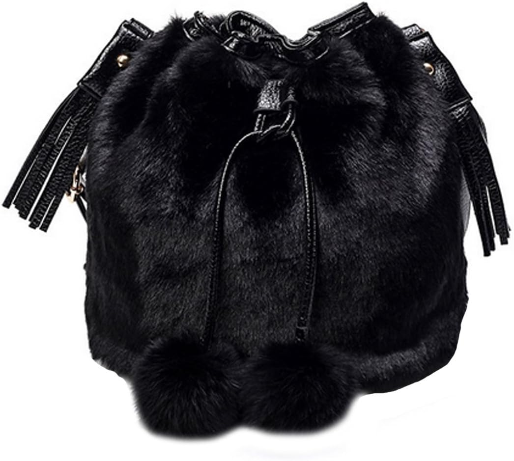 Millya Winter Women Shoulder Bag Faux Fur Drawstring Bucket Bag Plush Fluffy Handbag Tassel Crossbody Bag