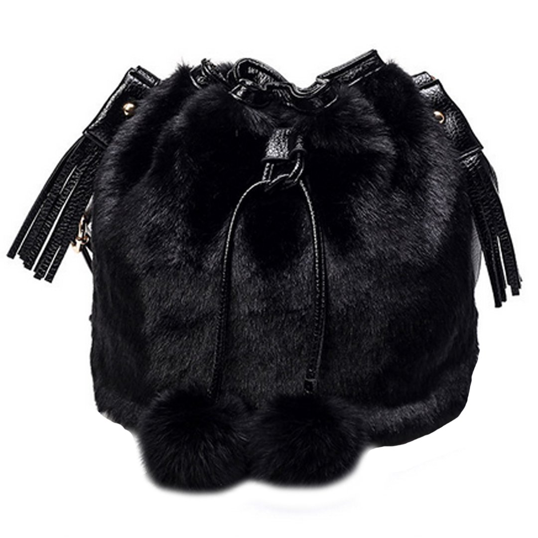 Millya Winter Women Shoulder Bag Faux Fur Drawstring Bucket Bag Plush Fluffy Handbag Tassel Crossbody Bag