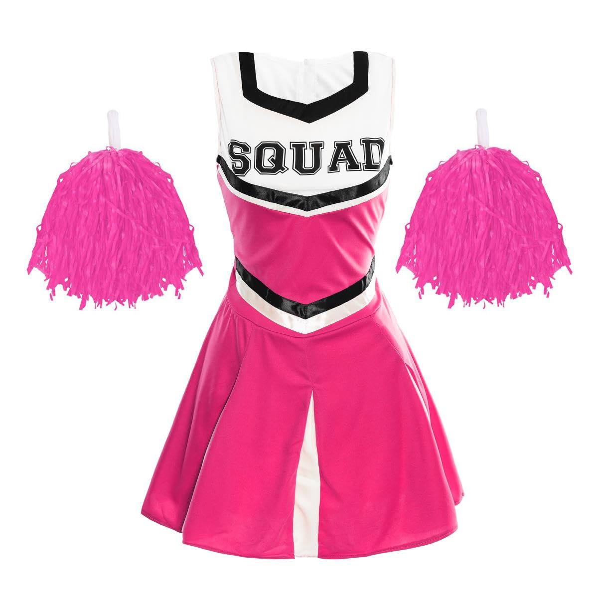 Ladies Cheerleader Costume with Pom Poms - Womens Highschool American Style Fancy Dress Party Outfit (Pink – UK 12-14)