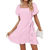 SAMPEEL Womens Summer Dresses Square Neck Puff Sleeve Tie Waist Short Dress