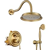 WINKEAR Rain Shower Head with Handheld Spray, Rainfall Shower System with Rough-in Valve, Luxury Shower Trim Kit Wall Mount, Brushed Gold