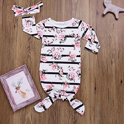 Mini honey Newborn Baby Sleepy Floral Striped Gown Headband Sleepwear