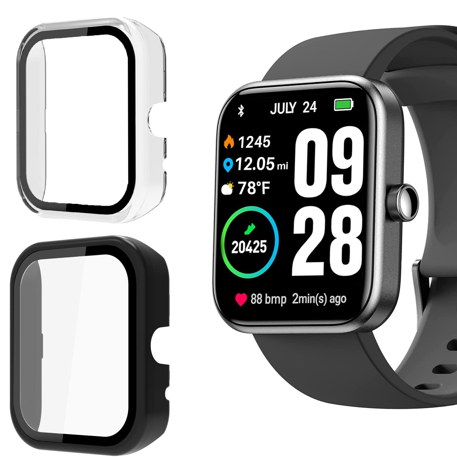 Compatible for TOZO S2 Case, onetuo Hard PC Case with Tempered Glass Screen Protector Compatible with TOZO S2 44mm 1.69-inch Smart Watch (2 pack-Black+Clear)