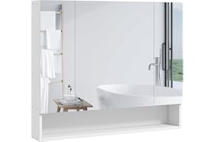 kleankin Bathroom Mirror Cabinet, Wall Mounted Medicine Cabinet with Adjustable Shelves, 3 Doors Storage Cabinet, White