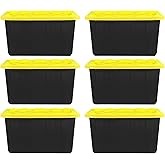 STOWIX BLACK & YELLOW 27-Gallon Storage Bin with Snap-on Lid, Heavy Duty Plastic Storage Bins with Lid, Stackable, 6 Pack