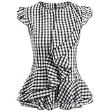 AOEMI Women Sleeveless Plaid Blouses Ruffles Trim Vintage Gingham Retro Style Peplum