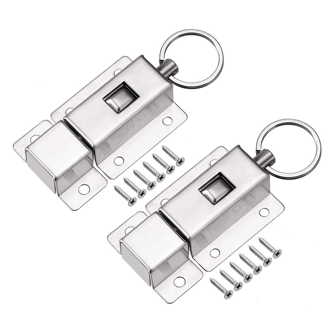 sourcing map Door Barrel Bolt, Stainless Steel 304 Ring-Pull Spring Loaded Auto Sliding Lock w Screw, 2 Pcs