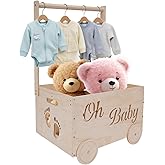 HMAZAE Baby Shower Gifts Baskets, Wooden Baby Closet Gifting for Newborn Boys and Girls, Wood Crate Box with Handle and Wheels, Personalized Cute Babyshower Decorations Basket for New Born