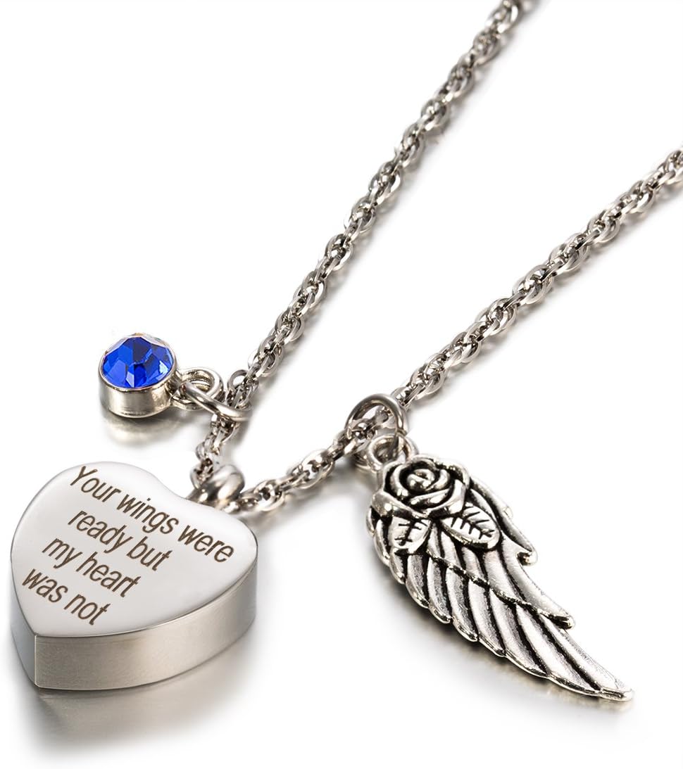 Glimkis Memorial Jewelry Necklace, Angel Wings Cremation Jewelry Birthstone Memorial Ash Keepsake Necklace