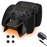 NexiGo Enhanced PS5 Controller Charger with Thumb Grip Kit, Fast Charging AC Adapter, DualSense Charging Station Dock for Dual PlayStation 5 Controllers with LED Indicator, Black