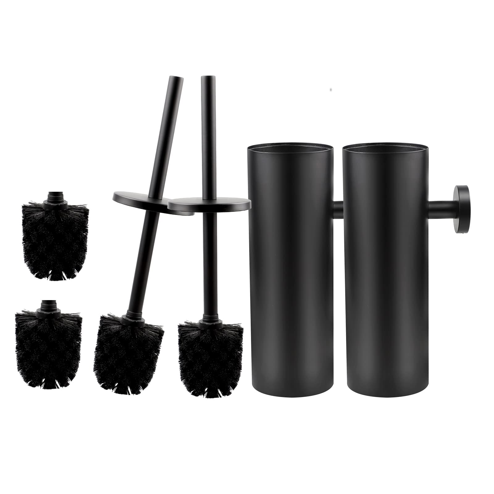 EXLECO Toilet Brush Set of 2 with 2 Replacement Brushes No Drilling Toilet Brush and Stainless Steel Container Set Wall Mounted & Standing with Lid Long Handle for Bathroom Matt Black