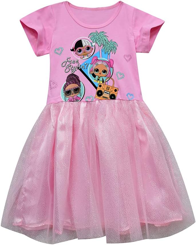 Pandamo Girls Tutu Tulle Princess Dress Doll Digital Print Short Sleeve Gown Dress for Doll Surprised