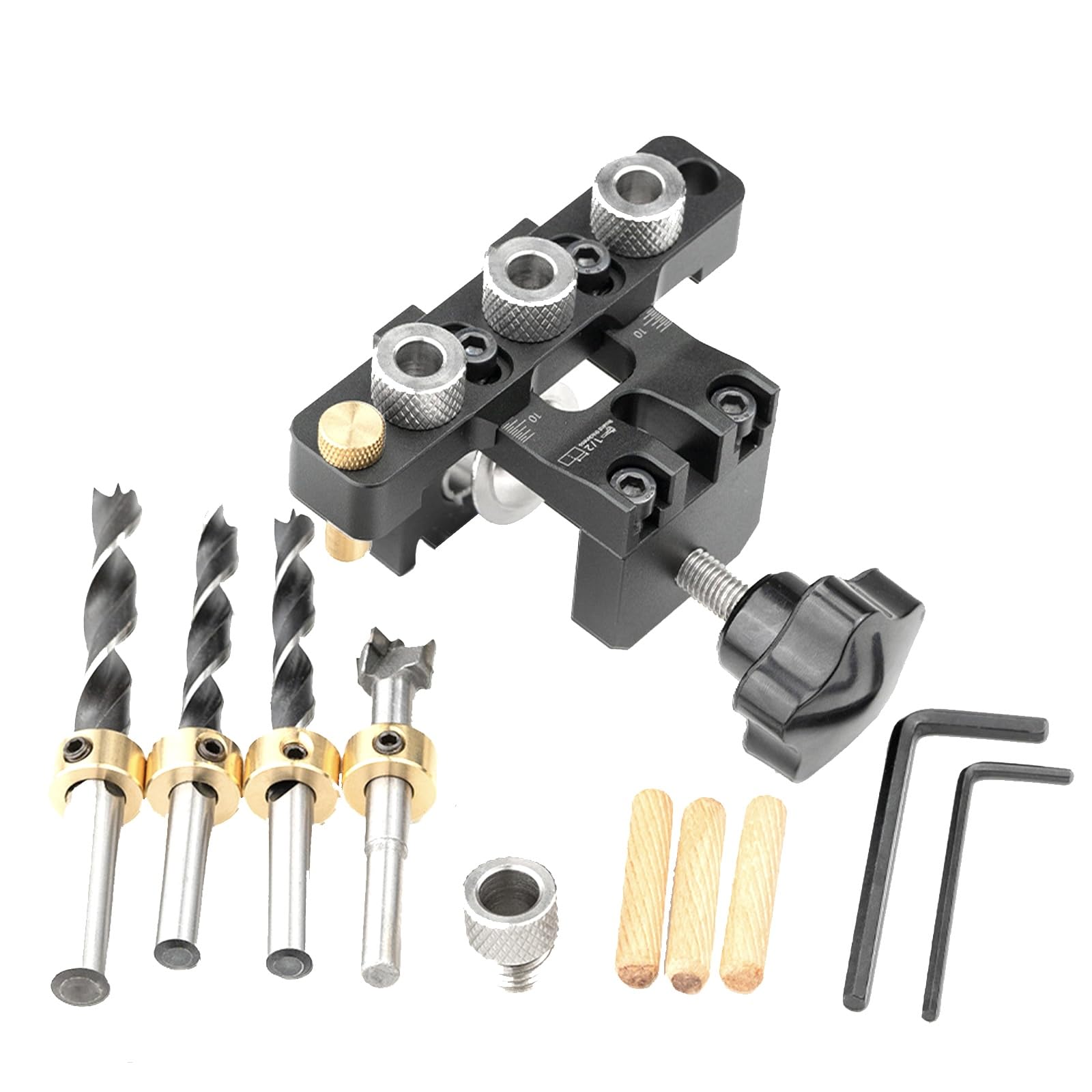 3-in-1 Pocket Hole Jig Kit, Adjustable Drill Guide Locator, Manual Hole Puncher Gauge for Woodworking, 8/10/15 mm Pocket Hole, Aluminum Alloy Dowel Drilling Template Set for Accurate Positioning