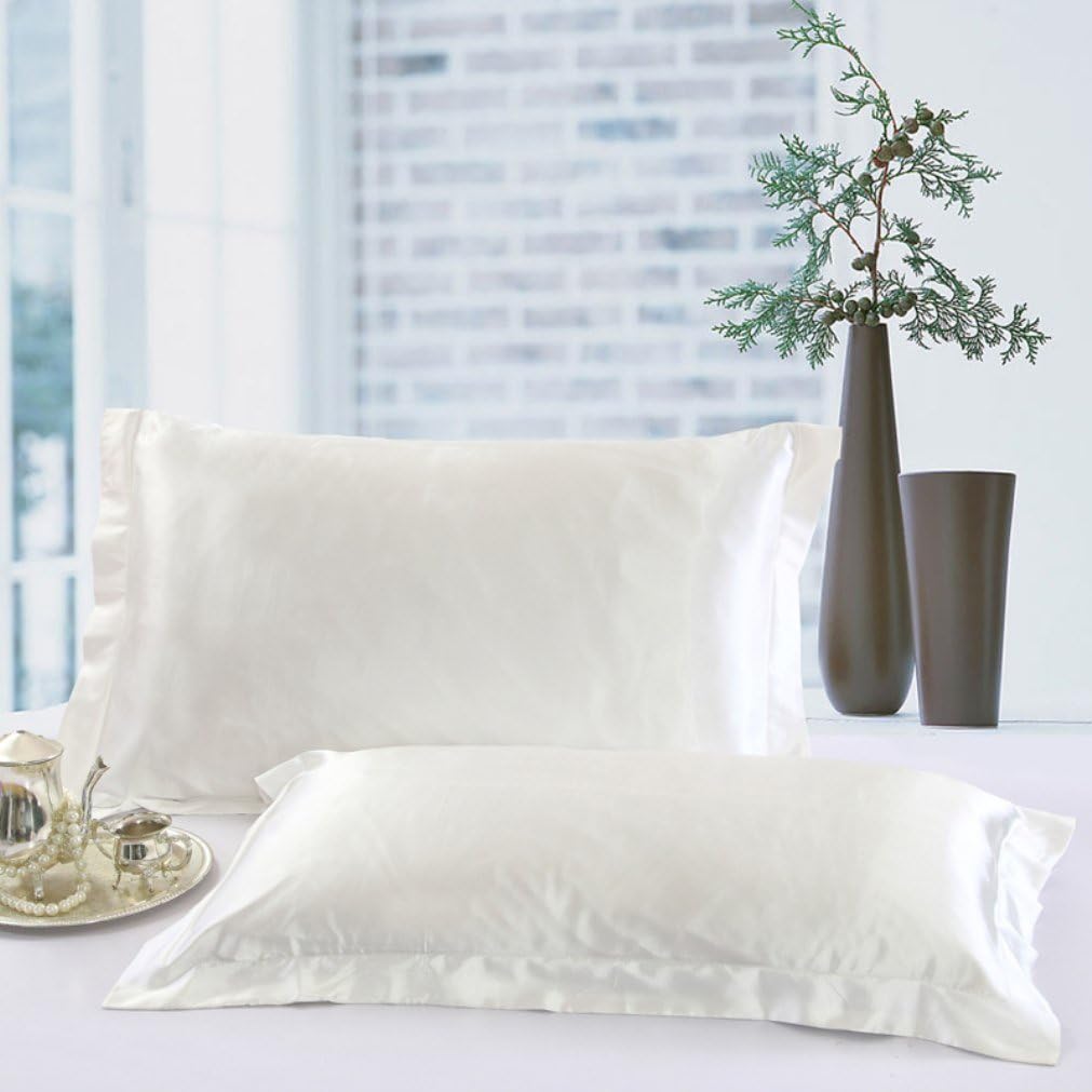 Silk Pillowcases Set of 2, Ivory White Both Sides Silk Satin Pillow Case Pair, 2 Pack Mulberry Silk Blend Pillow Sham Covers No Zipper, Queen/Standard Size 50X75 CM