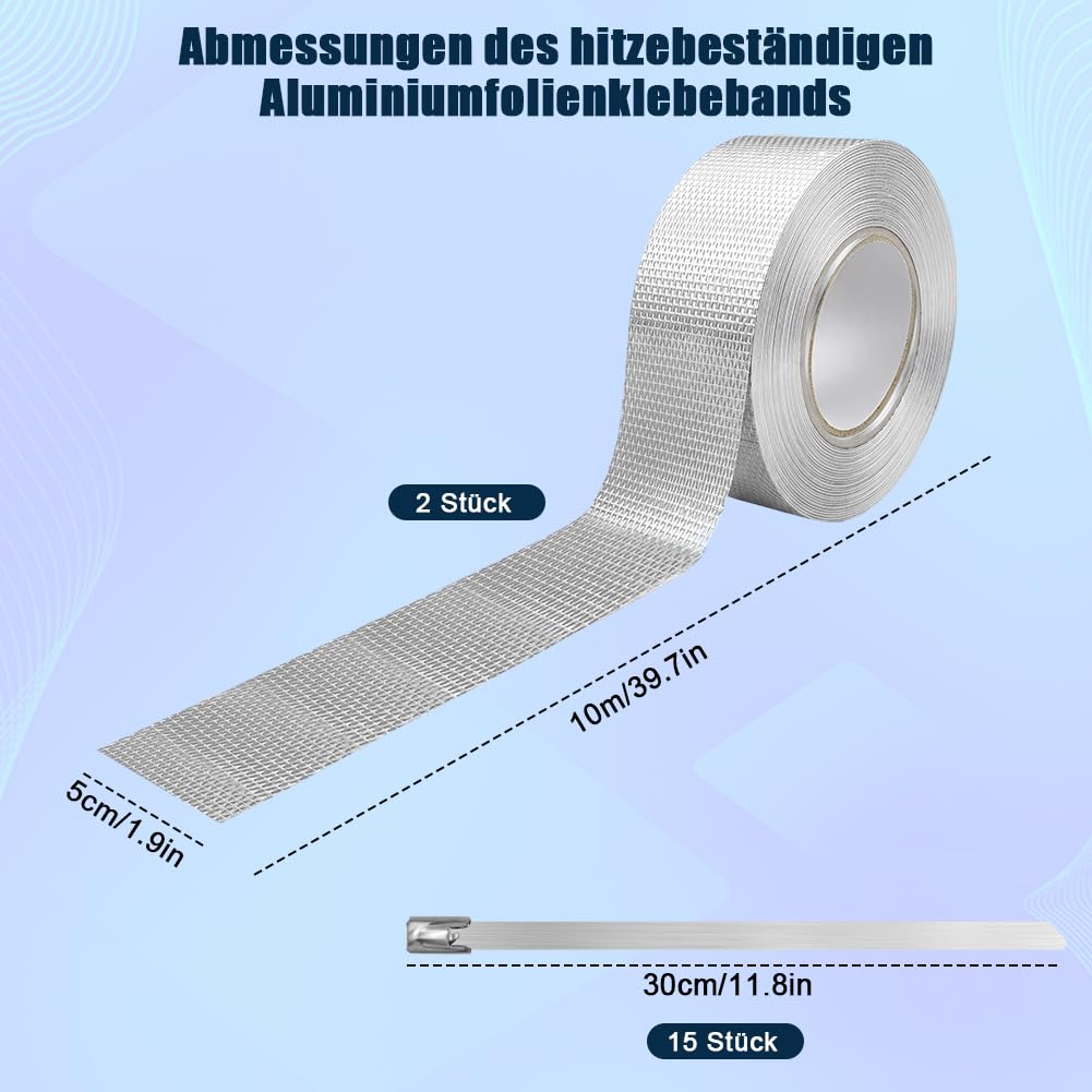 2 Rollen Hitzeschutzband Auspuff Selbstklebend 10m X 5cm mit 15 Stück Edelstahlkabelbinder, Aluminium Klebeband Hitzebeständig , Auspuffband Auspuffbandage Reparaturset für Auto Motorrad Krümmer 2