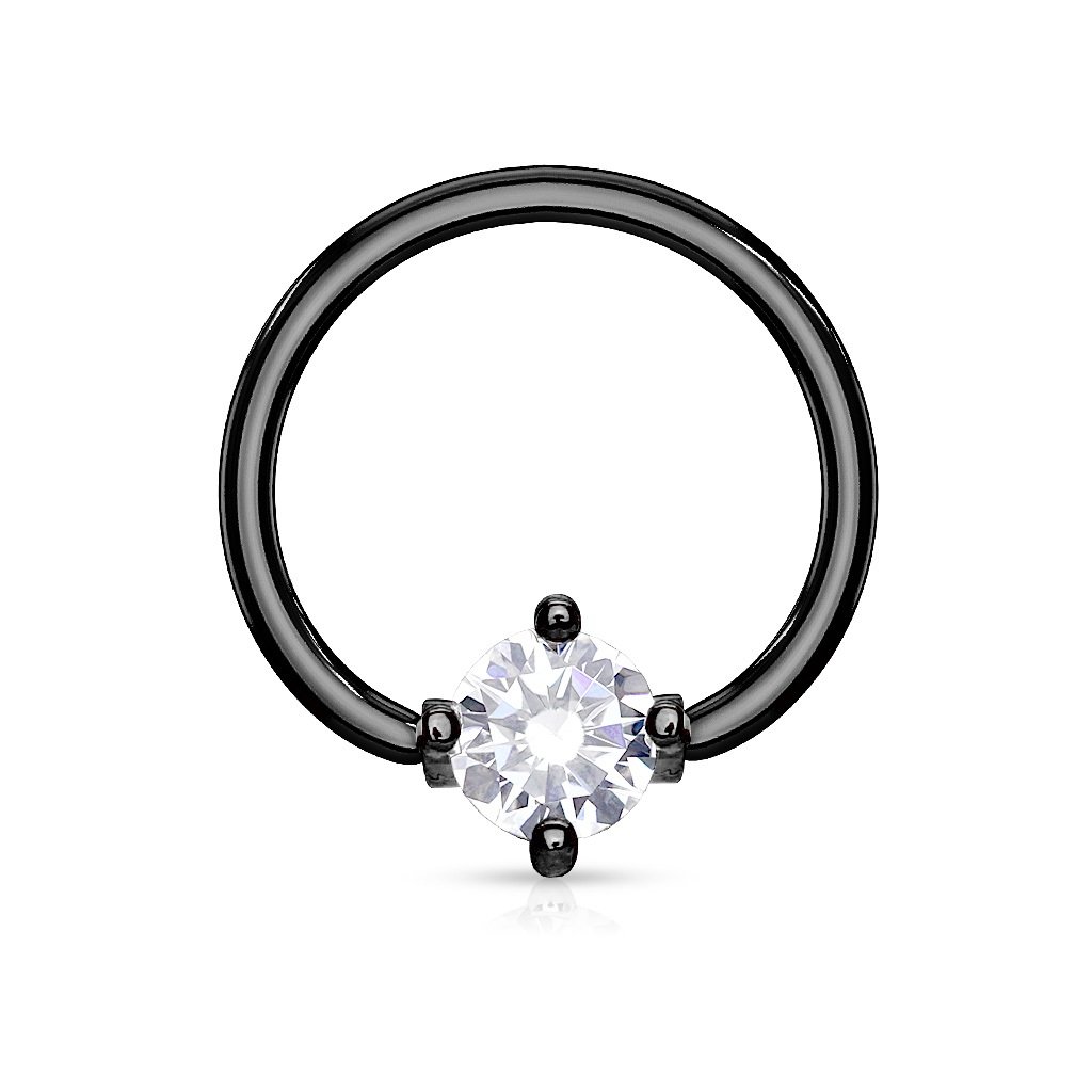 PiercedOff Black IP over 316L Surgical Steel 1.6mm BCR with a 5mm Round Clear CZ Ball - Ring Size 12mm