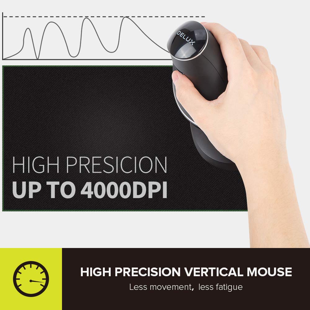 DeLUX Wireless Ergonomic Mouse with 4000DPI, Vertical Mouse with USB Receiver and BT1 + BT2, 6 Buttons and Removable Palm Rest for Laptop Computer and Carpal Tunnel (M618PD-Black)