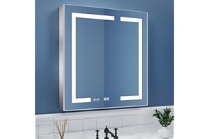 ExBrite LED Lighted Bathroom Medicine Cabinet with Mirror, 30 x 32 Inch, Recessed or Surface led Medicine Cabinet, Clock, Room Temp Display,Defog,Stepless Dimming,3-Color Temper Change, Outlets & USBs
