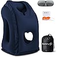 Sunany Travel Pillow, Inflatable Neck Pillow Used for Airplanes/Cars/Buses/Trains/Office Napping with Eye Mask/Earplugs (Blue)