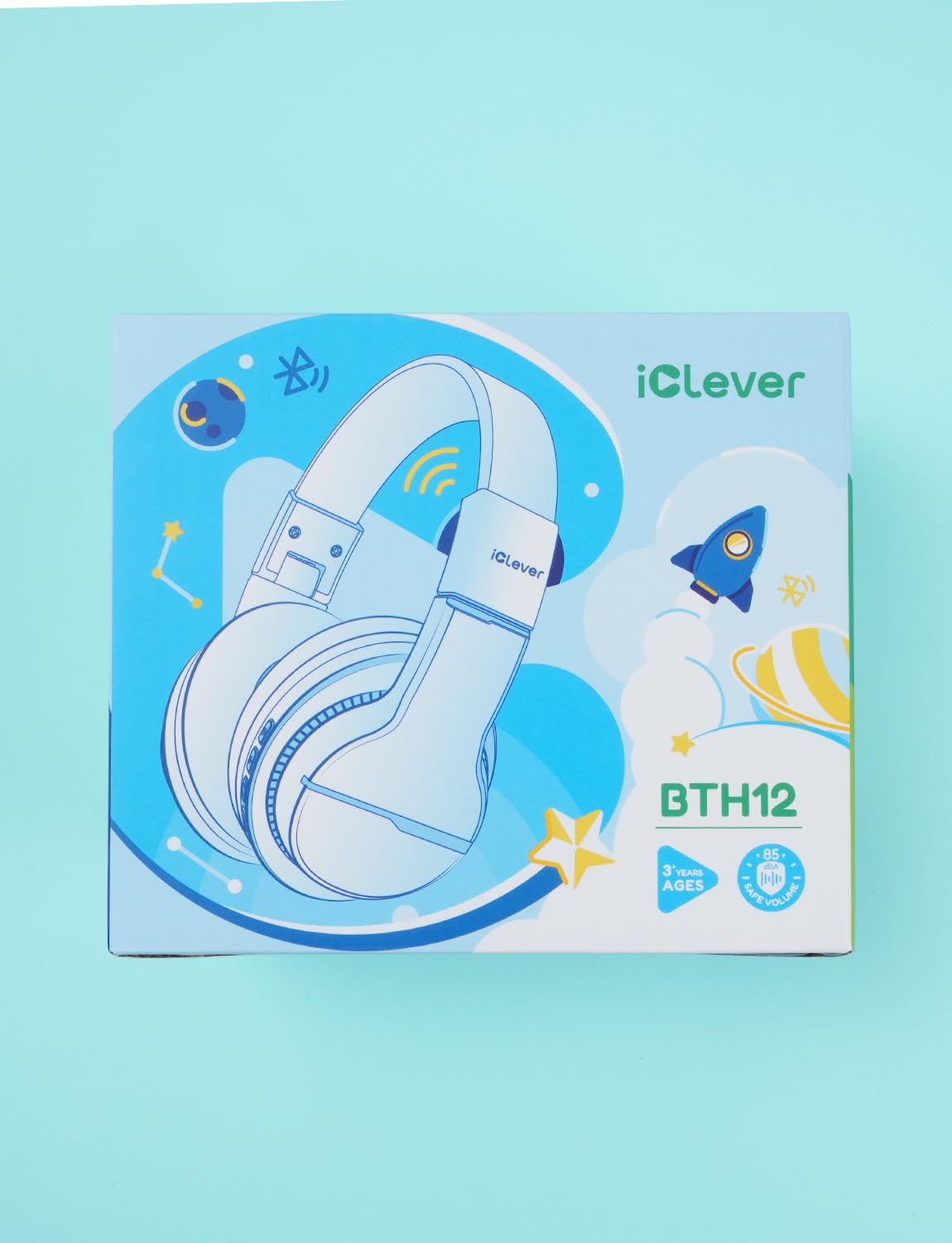 iClever BTH12 Kids Bluetooth Headphones,Colorful LED Lights Kids Headphones Wireless,74/85dBA Safe Volume,85H Playtime,Fast Charging,Bluetooth 5.2,Over Ear,Built-in Mic for iPad/Tablet/Airplane,Blue