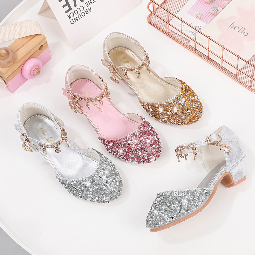 ChuLian Little Kids Girls Dress Pumps Glitter Sequins Princess Low Heels Princess Dress Shoes Party Dance Shoes Rhinestone Sandals