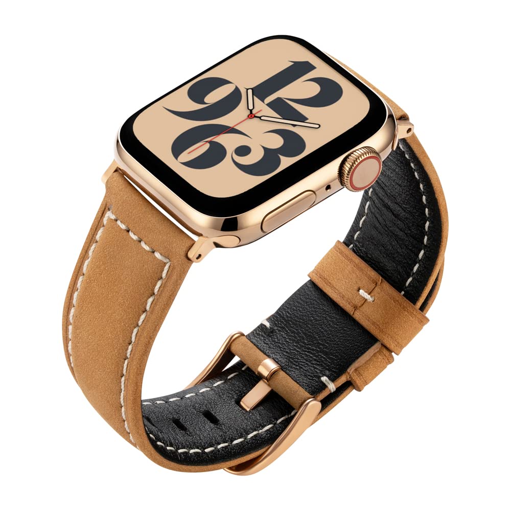 Buckle & Band Mila Suede Leather Compatible Apple Watch Strap Light Brown Genuine Leather Suede Band with Gold Buckle for Series 1, 2, 3, 4, 5, 6, 7 38mm, 40mm, 41mm