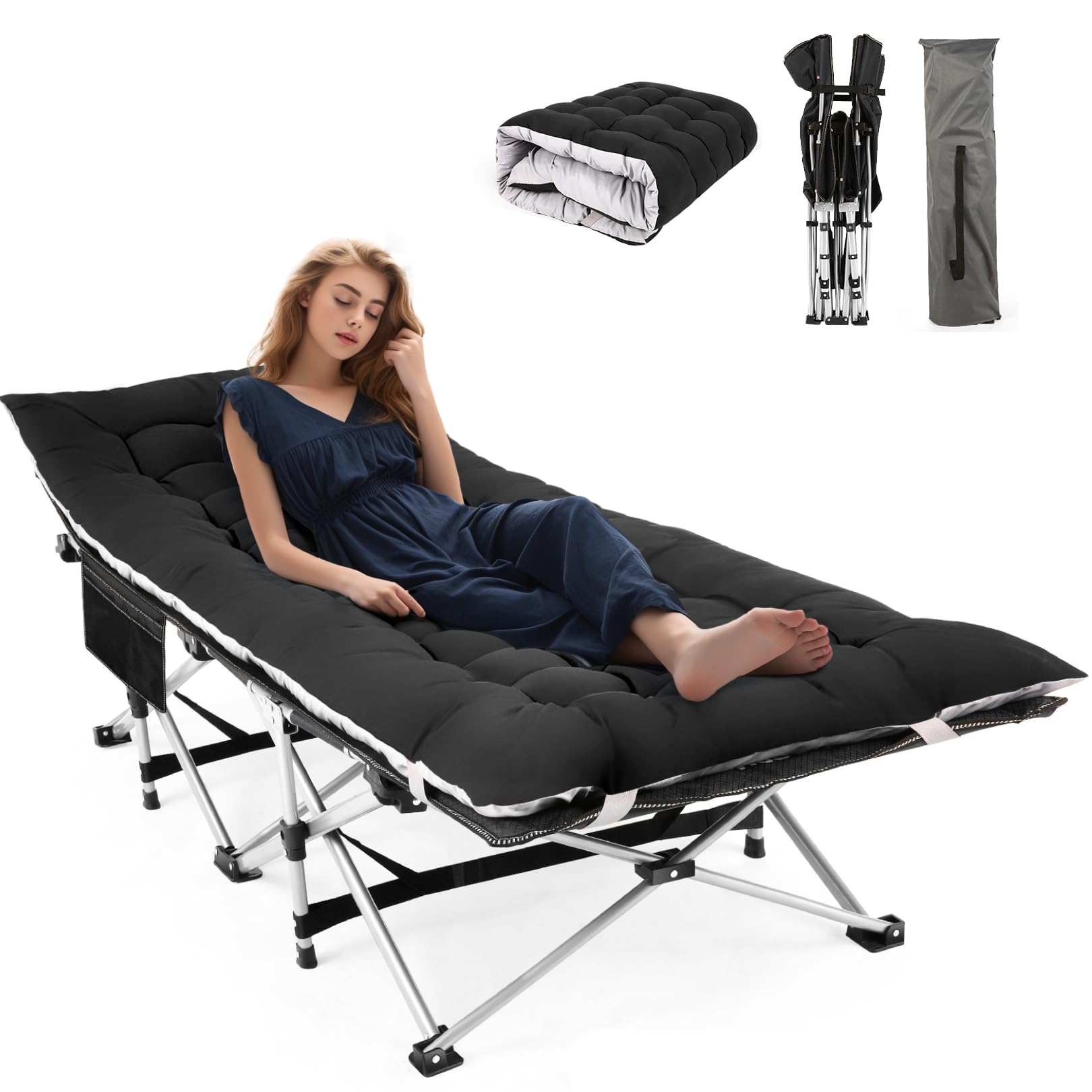 Homdox Camping cot Folding Outdoor Camping Travel Cot with Pad 900LBS(Max Load) - Quality Lightweight Portable Heavy Duty Adult Travel Cot Double Layer Oxford Camp Cots for Camp/Office/Home