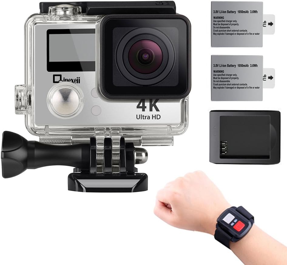 4K Wifi Sports Action Camera,Underwater Camcorder Qipexeii Double Screen Sony Sensor 16MP 100 Feet Waterproof 170° Wide Angle With 2.4G Remote Control,2 Pcs 750mAh Rechargeable Batteries (Silver)