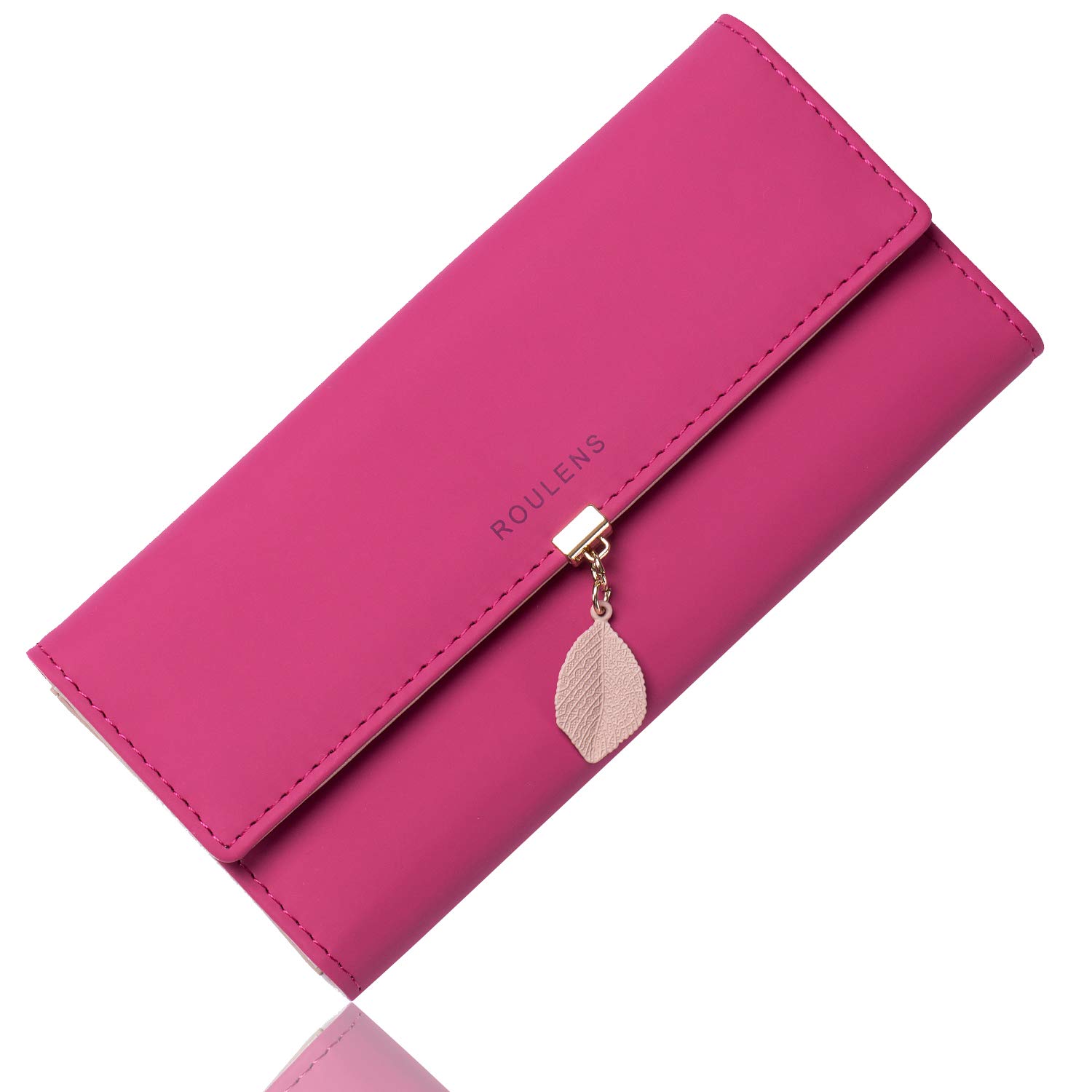 Roulens Ladies Purse, RFID Blocking PU Leather Wallet for Women Leaf Pendant Zipper Coin Purse with Multiple Card Slots and Roomy Compartment