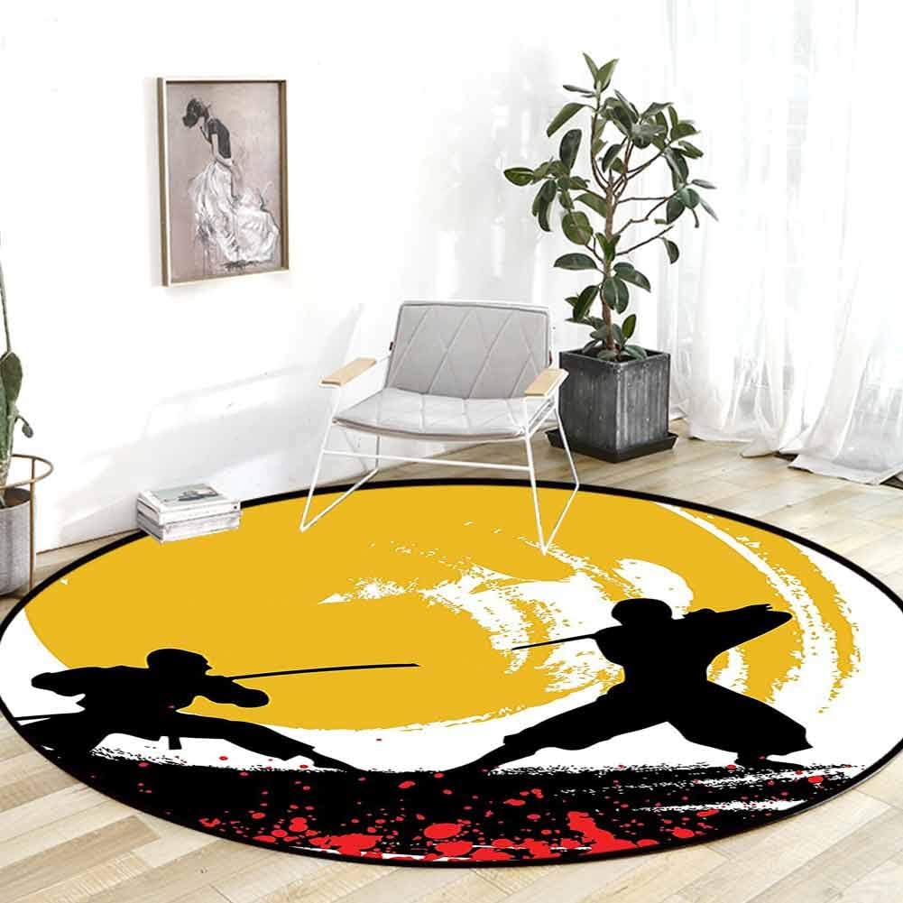 Classroom Rug Japanese Decor Watercolor Style Silhouette of Warrior Ninjas in The Moonlight Medieval Battle Red Black Yellow Carpet for Living Room 3'Round