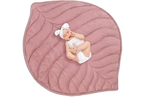 Funtery Baby Play Mat 56 x 42 Inch Cotton Crawling Cushion Cotton Nursery Rug Large Thick Soft Reversible Washable Folding Floor Playpen Mat Nursery Decor Rug for Girls Boys(Pink,Leaf)