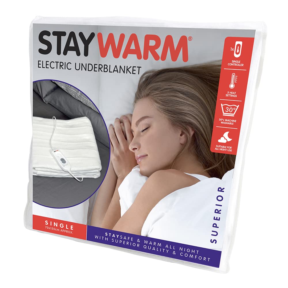 STAYWARM Single Size Superior Electric Underblanket with Detachable Controller, 60w, 150 x 70cm, White — image 1