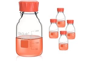 Okulab 4pcs of 250ml(8.5oz) Round Media Storage Bottles, 3.3 Borosilicate Glass, with GL45 Screw Caps in PP Materia, GL45RB250A4