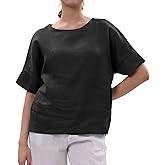 Amazhiyu Womens 100% Linen Tops Crewneck Short Sleeve Blouses Casual Summer