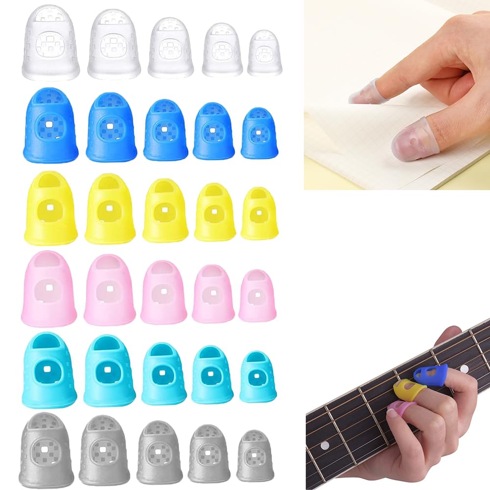 RXKFIGX 30 Pcs Anti Slip Fingertip Protection Covers Caps Silicone Guitar Fingertip Protectors 5 Sizes Finger Tips Caps for Paper Sorting Sewing Guitar and Ukulele Playing