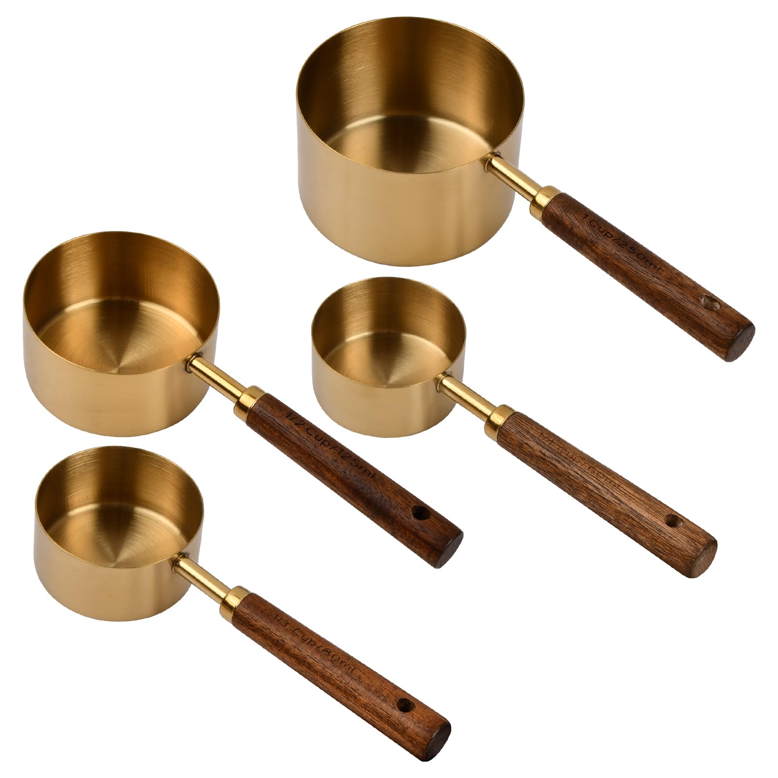 4Pcs Measuring Cups and Spoons Set, Stainless Steel with Wood Handle Metric and US Measurements for Baking, Liquid and Solid60ml 80ml 125ml 250ml (Gold)
