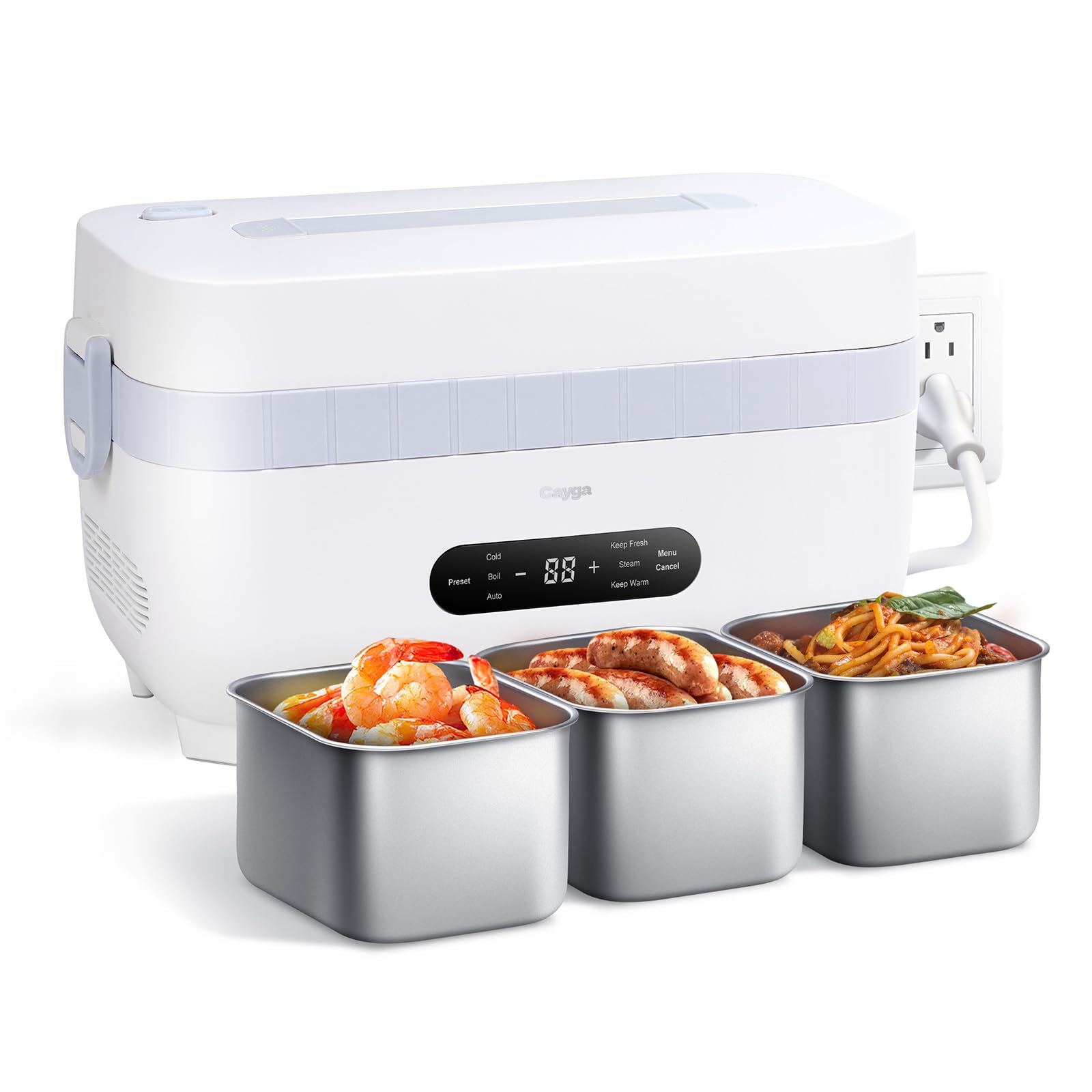 Photo 1 of 110V Plug-in Multi-Function Electric Cooling Lunch Box with 5.5-Cup Automatic Heating Portable Food Warmer with Removable Tray Divider for Office Work Travel (White)