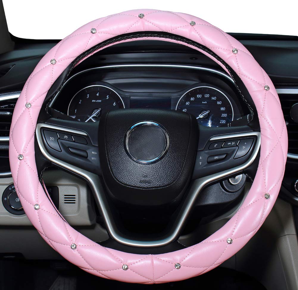 Diamond Steeing Wheel Cover for Women,Leather Bling Cute Car Steering Wheel Cover Universal 15inch with Crystal Diamond (Pink)