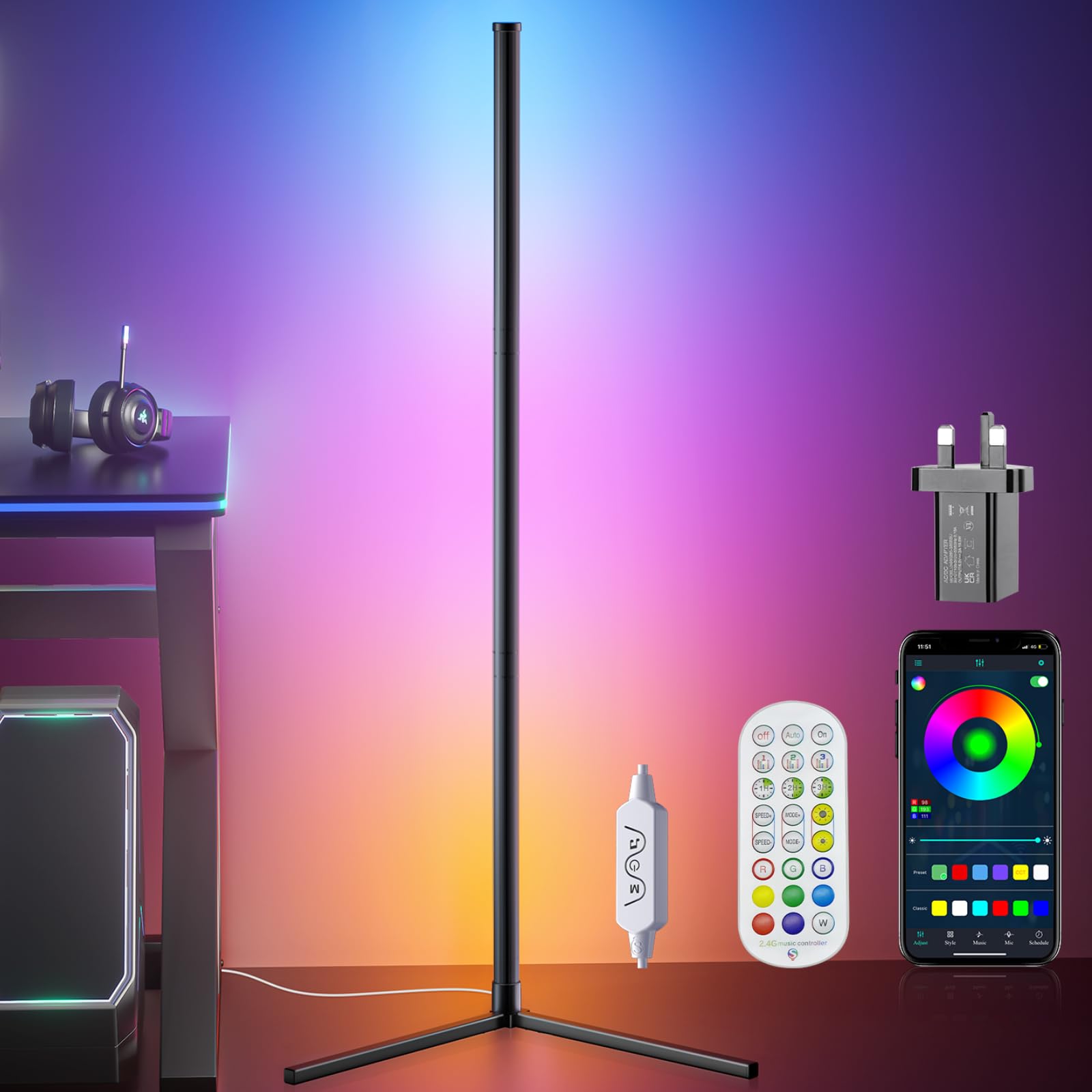 bedee Smart RGB LED Floor Lamp RGB Corner Lamp 165CM with 16 Million Colour Changing Corner Light Music Sync DIY Mode with APP/Remote Control Standing Lamps for Living Room Bedroom Decoration