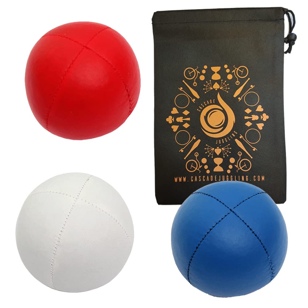 3 x Pro 76g Cascade Mini Juggling Balls - Small Sized Quality Thud Juggling Balls & Bag - Set of 3 Juggling Balls (Red, Blue and White)