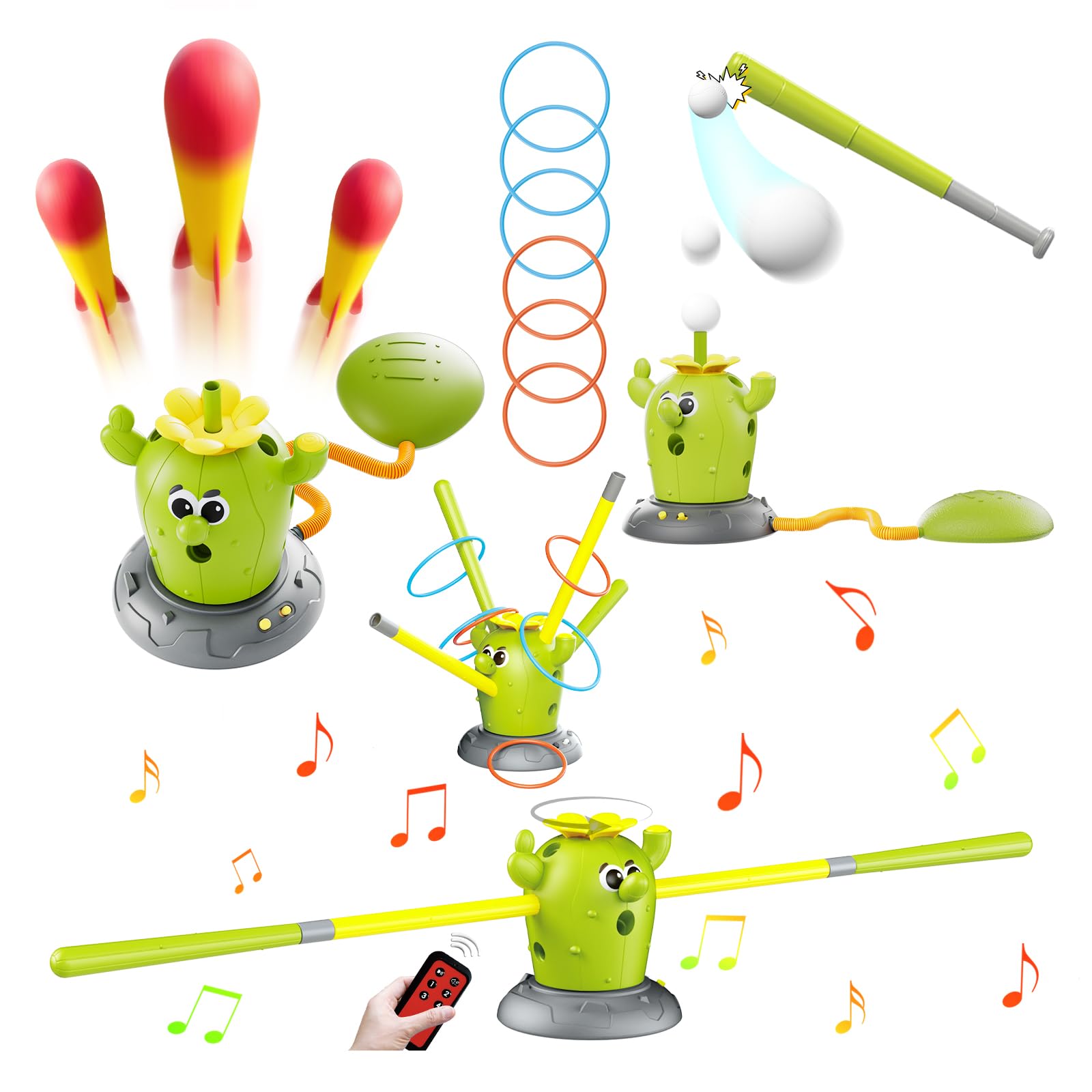 Photo 1 of Cactus 4-in-1 Musical Jumping Toys Set with Ring Toss, Stomping Rocket Launcher and Baseball Game, Fun Indoor and Outdoor Toys for Active Play Sports Toy for Kids Ages 3 4 5 6 7 8+ Boys & Girls.