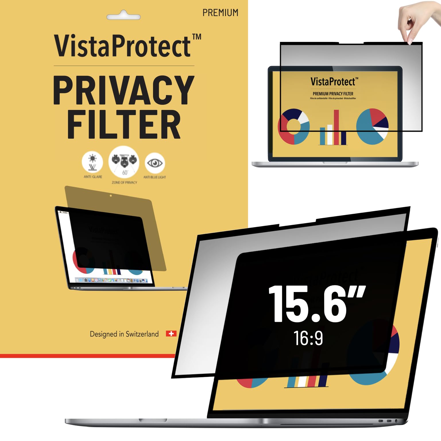 VistaProtect - Premium Privacy Screen Filter & Anti Blue Light Protector for Laptop Computers with Edge-to-Edge Front Glass Screen, Removable (15.6" inches)