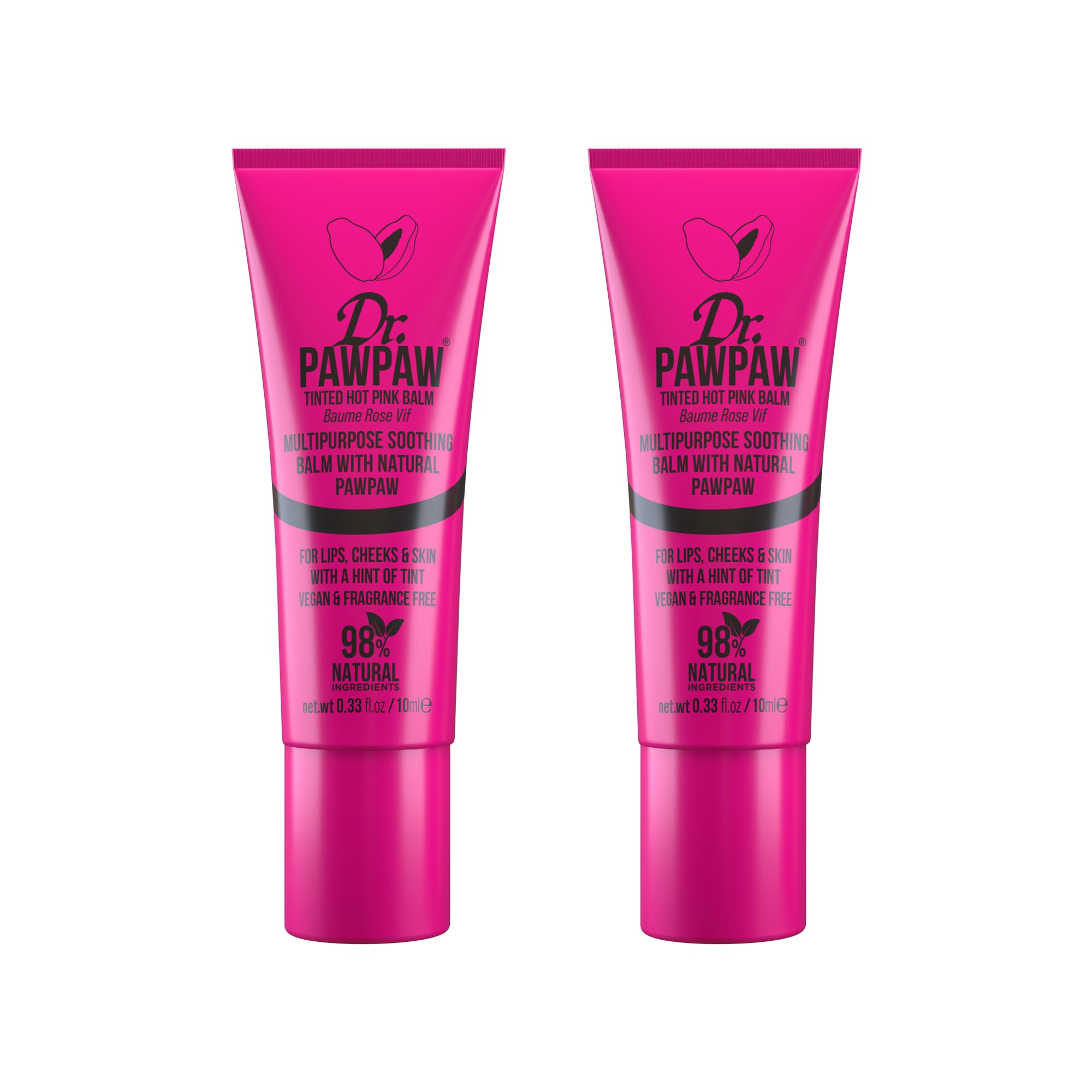 Dr.PAWPAW Hot Pink Tinted Balm, Multi-Purpose Natural No Fragrance, for Hydrating Lips, Skin, Hair, Cuticles, Nails & Beauty Finishing (2 x 10 ml)