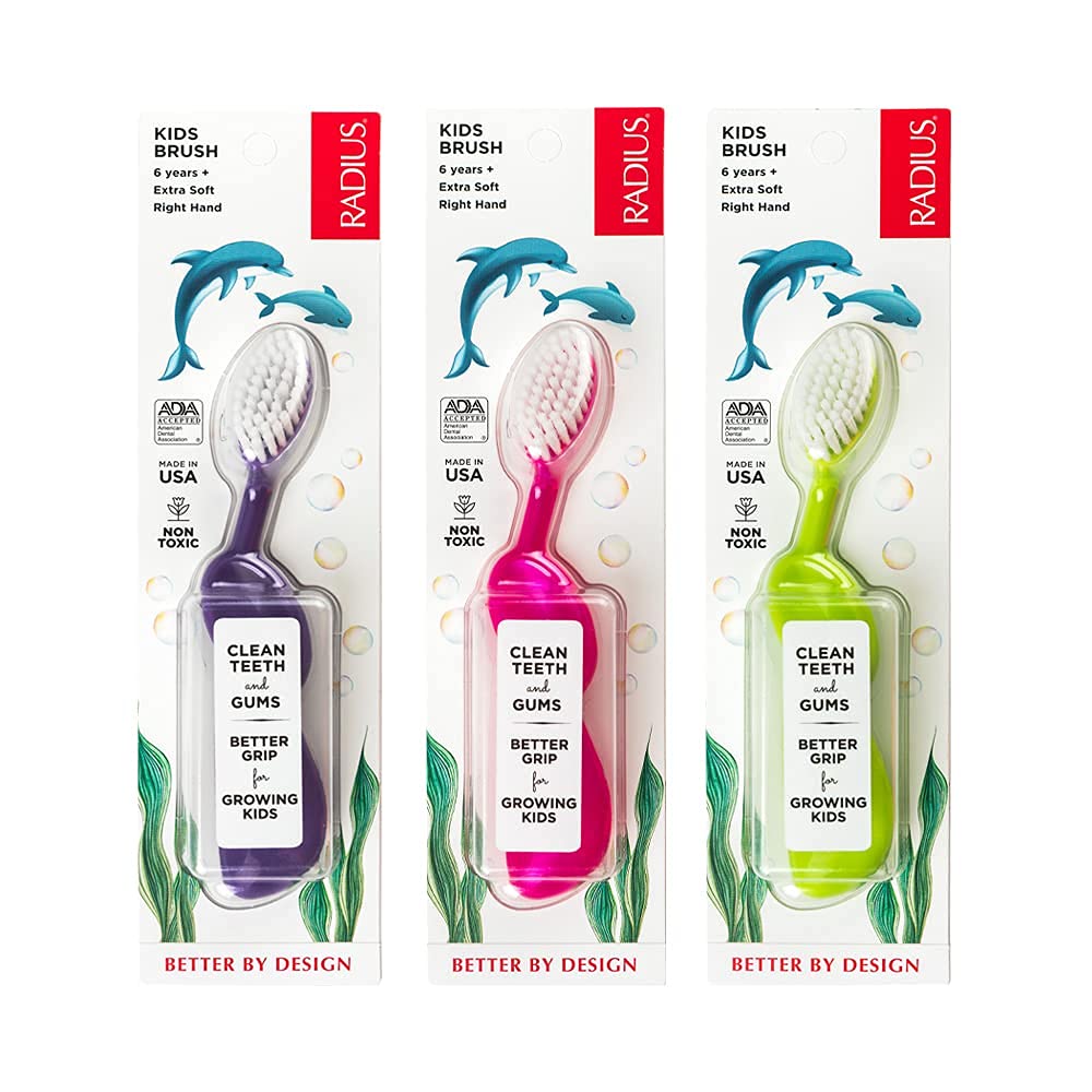 RADIUS Toothbrush Kids Brush Right Hand Assorted Colors 3 Count | BPA Free and ADA Accepted | Designed for Delicate Teeth and Gums, for Children 6 Years and Up,Mixed,KR3