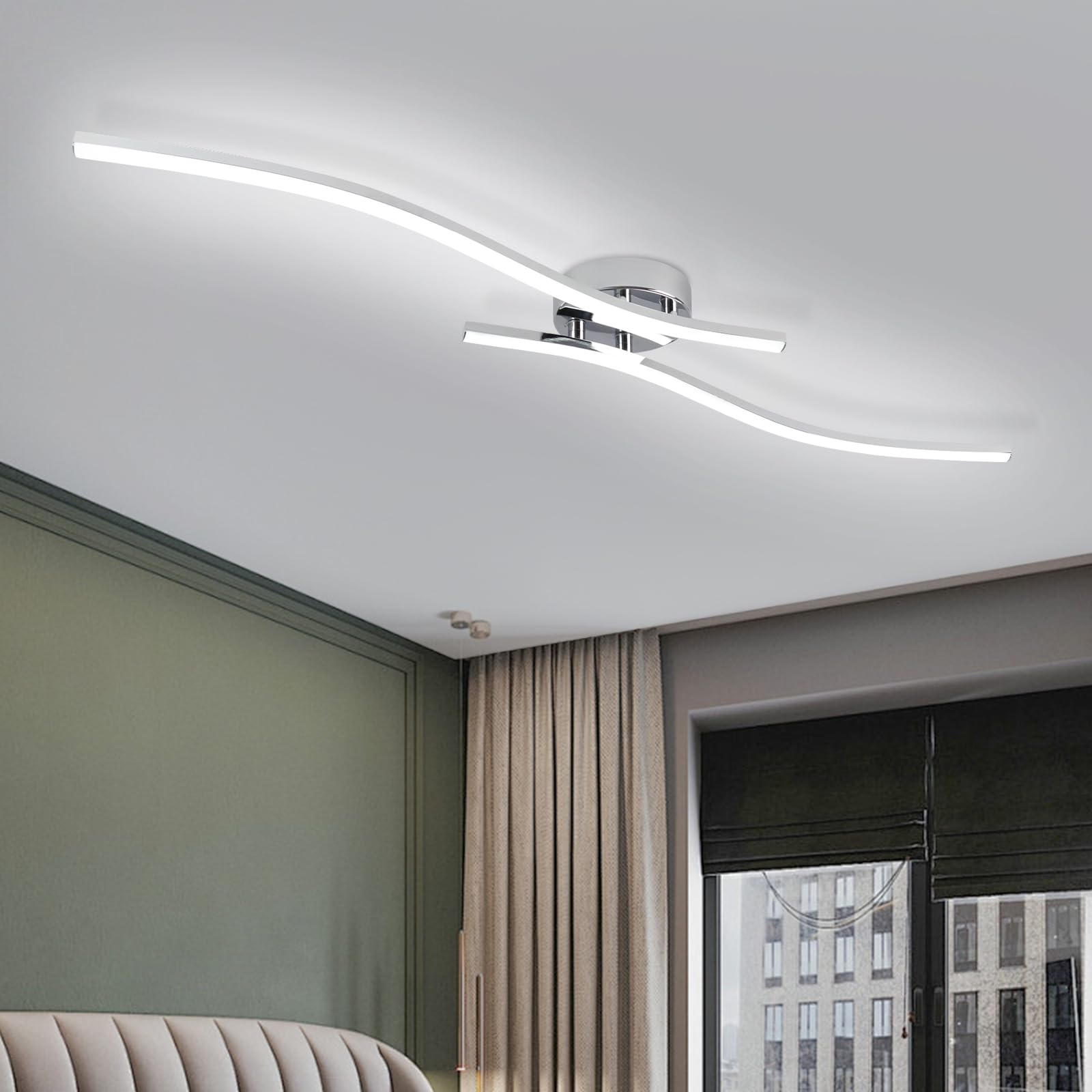 Photo 1 of 28W Chrome Linear Ceiling Light Modern LED Ceiling Light Fixture 6000K Aluminum 39.37Inch Long Ceiling Lamp for Hallway, Kitchen, Bedroom, Dining Room