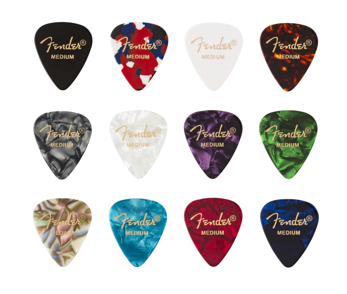 Fender 351 Zelluloid Plektren, Hochwertiges Gitarrenplektren Set in klassischer 351 Form, geeignet für E-Gitarre, Akustikgitarre und Bass, 12er Pack, Medium