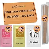 Coffee Station Sweetener Variety Pack + Stirrers (400 Count) &ndash; 100 Cane Sugar Packetss, 100 Sucralose Packets, 100 Saccharin Packets, 100 Wooden Coffee Stirrers - Organized Kraft Box by CMC Products