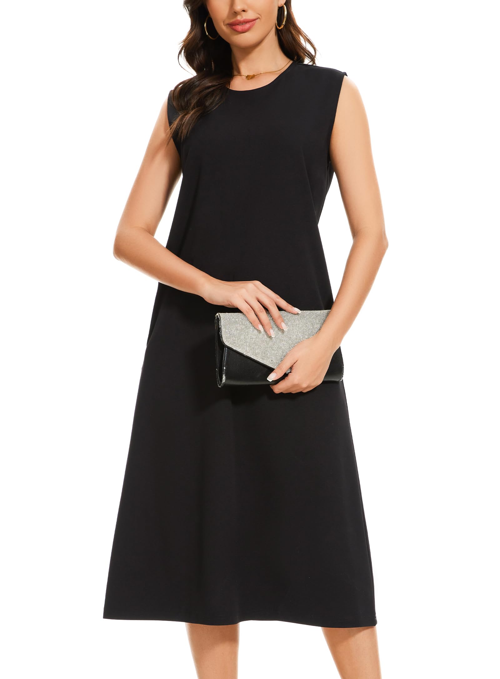 Photo 1 of LATAHUO Dresses for Women Spring Summer Fashion 2025 Sleeveless Business Casual Cocktail Work Semi Formal Crewneck Midi Dress, Black, X-Large