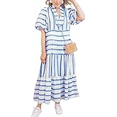 chouyatou Women's Summer Puff Sleeve Striped Midi Long Dress Notch Neck A-Line Tiered Boho Beach Dress